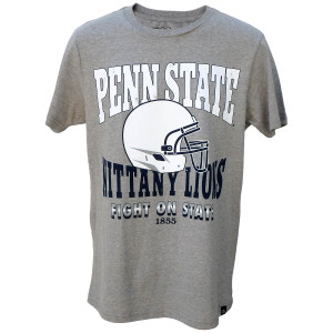 heather gray short sleeve t-shirt with screened Penn State Nittany Lions, football helmet, and Fight on State 1855